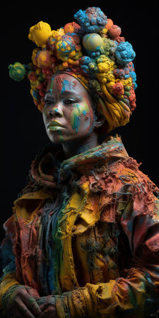 Colorful abstract outfit on African American woman covered in paint and head ornamental. Black background studio shot. Generative AI vertical shotの素材