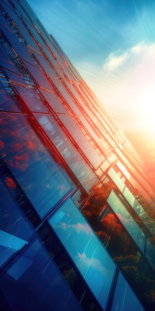 Modern glass solar panels brightening under sunlight in outdoors. Close up caption. Generative AI vertical shotの素材