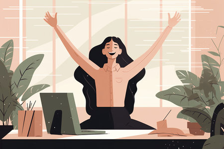 Happy entrepreneur woman celebrating achievement in her office. Flat design illustration generated by AIの素材
