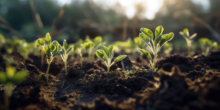 Close up shot of plant sprouts growing up from fertile soil. Generative AIの素材