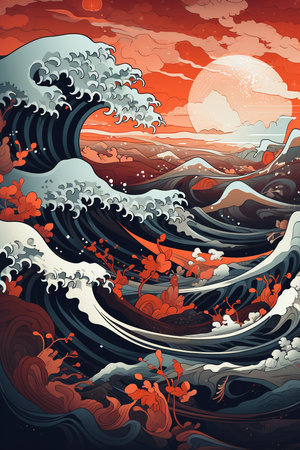 Oriental style illustration of waves crashing in the ocean in red and dark tones. Generative AI vertical illustrationの素材