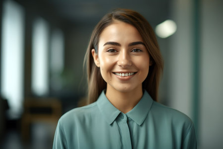 Head shot portrait of young woman working at office smiling and looking at camera. Generative AIの素材