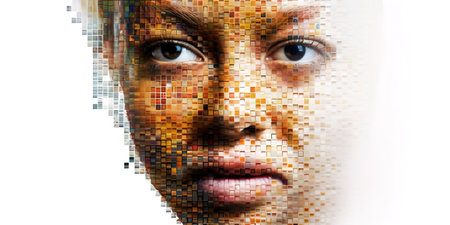 Pixel art with woman face head shot over white background. Generative AIの素材