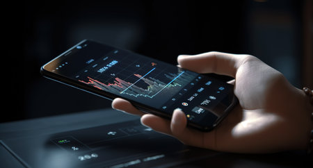 Close up shot of human hand holding smart phone with screen with statistic graphs checking on stock market. Generative AIの素材