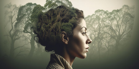 Side view portrait of woman with double exposure effect with wild forest with tall trees. Generative AIの素材