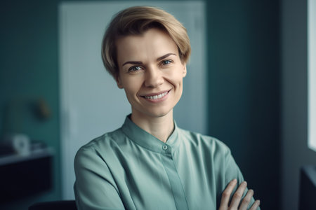 Self confident entrepreneur mature woman smiling and looking at camera. Generative AIの素材