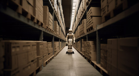 Robot working in logistics warehouse. Generative AIの素材