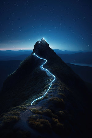 Top of the hill night photography under starry sky and light painting on trail. Generative AI vertical shotの素材