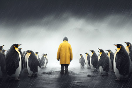 Back view of person with yellow rain coat surrounded by penguins under the rain. Generative AIの素材