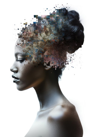 Profile abstract portrait of African woman with pixel art effect over white background. Generative AI vertical shotの素材