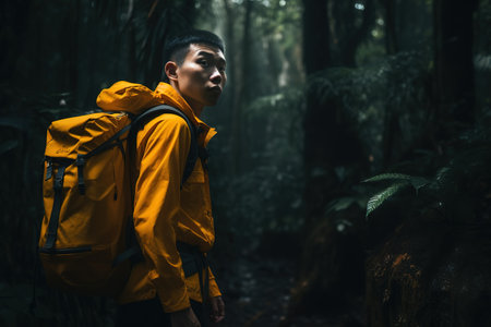 Young Asian man exploring the wild jungle rainforest. Generative AIの素材