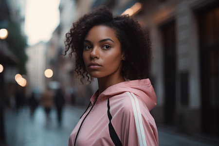 Young African American woman with curly hair wearing pink sports jacket with city streets as background. Focus on foreground. Generative AIの素材