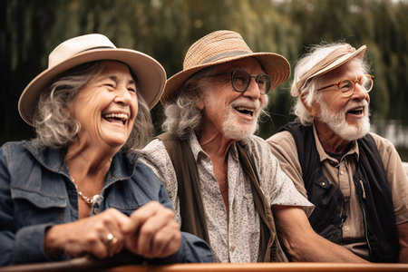 Group of retired friends having fun while spending time on a boat. Generative AIの素材