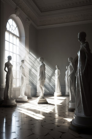 Room with white statues illuminated by natural light coming from the window. Generative AI vertical shotの素材
