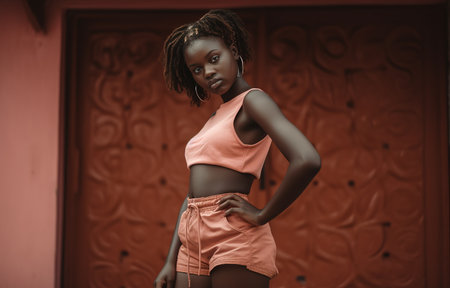 Young African American girl posing with cool modern sportswear in the street. Generative AIの素材
