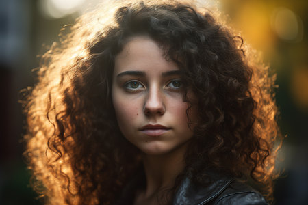 Outdoors portrait of young Caucasian woman with curly hair looking at camera. Generative AIの素材