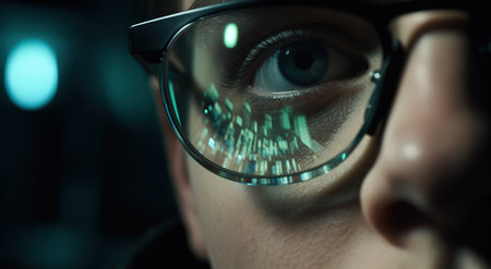 Close up shot to man's eye wearing high definition eye glasses. Eyewear advertisement concept. Generative AIの素材