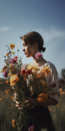 Young woman holding bouquet of wild flowers in outdoors rural area. Generative AI vertical shotの素材