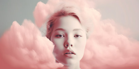 Abstract dreamy portrait of young woman face over pink cloudy background. Generative AIの素材