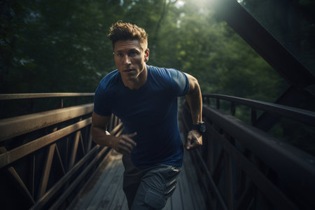 Young Caucasian man running in the forest on his working out morning routine. Generative AI vertical shotの素材