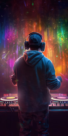 Back view of DJ playing at party over colorful background. Generative AI vertical illustrationの素材