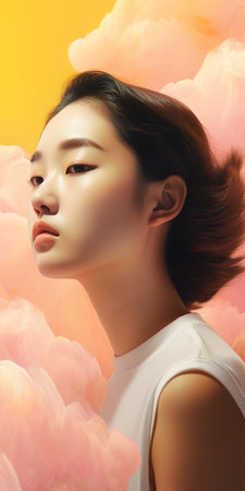 Asian young girl modern abstract portrait among pink clouds. Generative AI vertical shotの素材