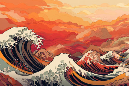 Oriental style illustration of waves in the ocean under red warm sky. Generative AI illustrationの素材