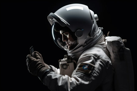 Astronaut using mobile in the middle of outer space. Black background. Generative AIの素材
