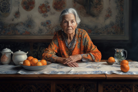 Senior European woman sitting on her table and looking at camera. Generative AIの素材