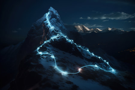 Snowcapped mountain landscape at night with light painting. Generative AIの素材