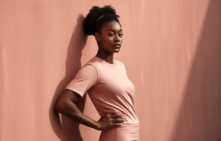 Young African American woman posing over pink all with sport wear in pink. Generative AIの素材
