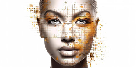 Beautiful woman face depicted in pixels over white background. Beauty and cosmetics industry. Generative AIの素材