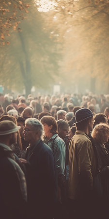 Crowd of people walking in the park under Autumn sunbeam. Generative AI vertical shotの素材