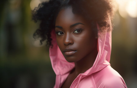 Head shot portrait of African American young woman in pink sportswear. Focus on foreground. Generative AIの素材