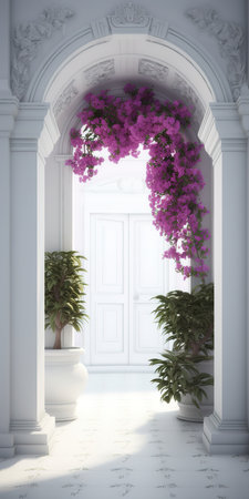 European retro archway with flower bushes and white door. Generative AI vertical shotの素材