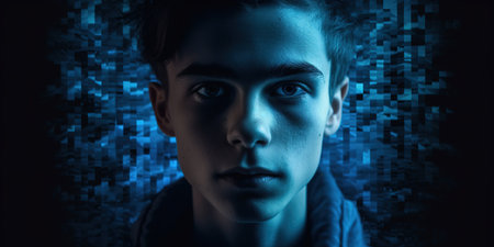 Head shot young boy portrait with pixels in blue as background. New technologies and new generations concept. Generative AIの素材