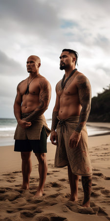 Polynesian attractive men in their traditional outfit by the beach. Generative AI vertical shotの素材