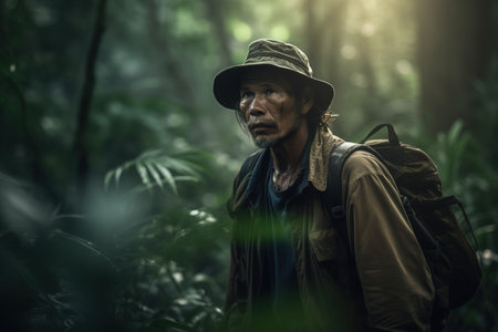 Mature South Asian man lost in the wild rainforest. Generative AIの素材