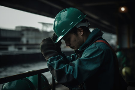 Man putting on safety hard hat during new expedition in the sea. Marine work concept. Generative AIの素材