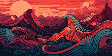 Colorful abstract illustration of waves in the ocean. Oriental style. Generative AI illustrationの素材