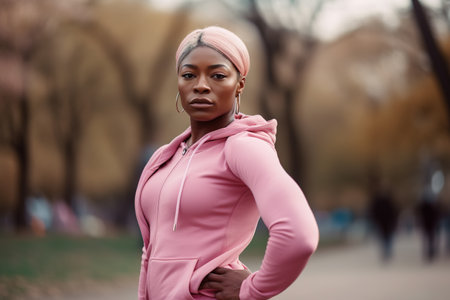Empowered African American woman posing with pink sportswear in public park. Generative AIの素材