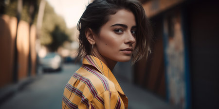 Young millennial woman casual portrait in outdoors. Street photography. Generative AIの素材