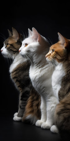 Three cute cats side view over black background studio shot. Generative AI vertical shotの素材