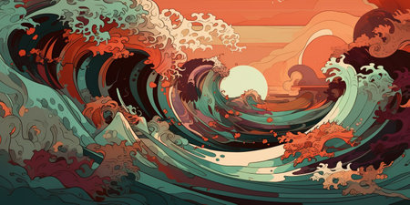 Waves moving in the ocean in oriental style. Illustration created by AIの素材