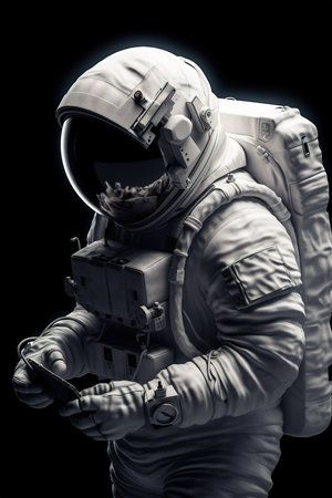 Astronaut in the space using mobile phone. Black background. Generative AI vertical shotの素材