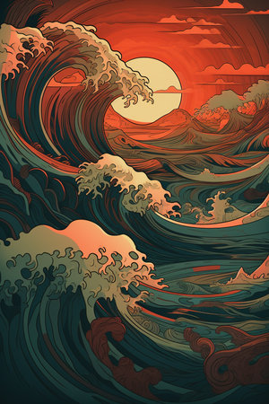 Oriental style digital illustration of waves shaking in the ocean. Generative AIの素材