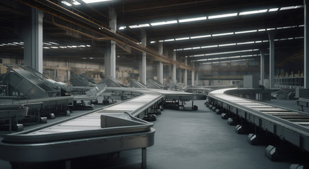 Conveyor belts and machinery in big packing house. Generative AIの素材