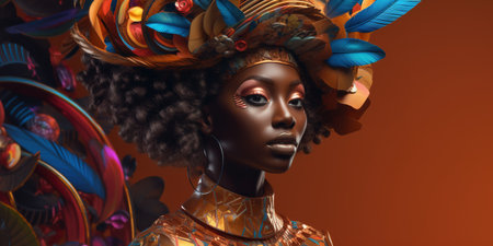 Abstract fashionable studio shot portrait of beautiful African American woman wearing colorful custom over orange background. Generative AIの素材