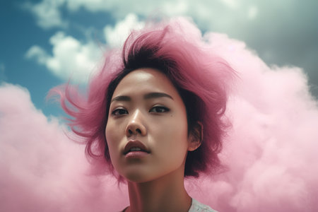 Asian girl with pink hair over pink clouds and bright blue sky. Low angle view. Generative AIの素材