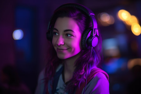 Teenage girl wearing headphones in gaming room. Neon lights as background. Generative AIの素材